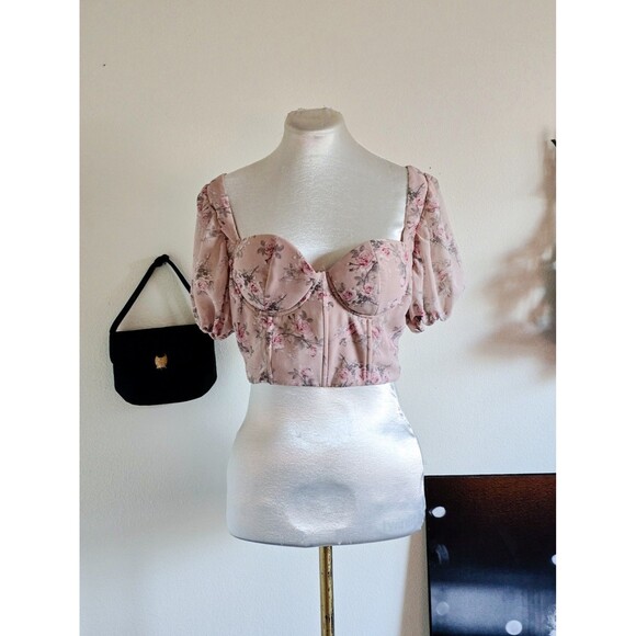 Windsor Tops - Windsor Pastel Pink Floral Mesh Crop Puff Sleeve Top Coquette M